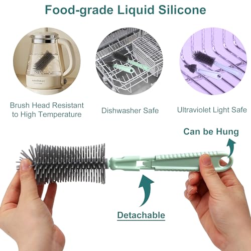 Baby Bottle Brush, 7 in 1 Travel Bottle Cleaner Kit with Silicone Bottle Brush, Nipple Brush, Straw Brush, Soap Dispenser, Bottle Drying Rack, Dishcloths, Portable Essentials for Home and Travel-Green - color: Green