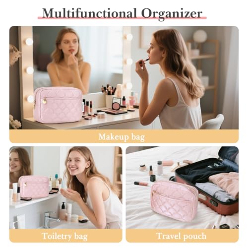 Noozion Makeup Bag Travel Toiletry Bag, Puffy Padded Cosmetic Bag for Women, Makeup Organizer Case, Wide-open Pouch Purse, Travel Essentials - color: Shiny Pink