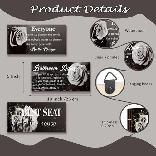 DONFENTHY 3 Pcs Black White Bathroom Rules Decor White Bathroom Decor Rustic Wooden Best Seat in The House Black Rose Hanging Wall Art Accessories for Toilet (10x5") - color: White Rose