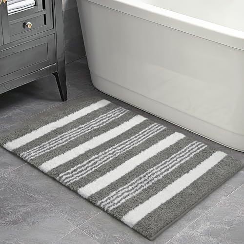 HOMORE Bathroom Rug 24x17 Inch Grey and White Striped Bath Mat, Absorbent Washable Non Slip Bathroom Rugs, Rubber Backing Quick Dry Carpets, Plush Rugs for Sink Shower Floor - color: Grey/White, size: 2' x 1'5" (24x17inch)