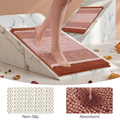 HOMEIDEAS Burnt Orange Bathroom Rugs Set of 2, Thick Absorbent Chenille Bath Mats, Non-Slip Soft Shaggy Rugs for Bathroom Floor, 20" x 32" & 17" x 24" - color: Burnt Orange