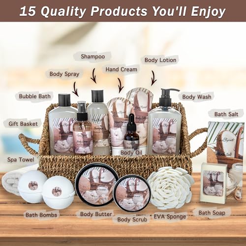 Aqua Elegante Bath Spa Gift Set - 15 Piece Premium Basket with Wash, Bubble Bath, Lotion, Salts, Body Scrub, Towel, Shower Puff, Bathbombs, Reusable Basket, Gifts for Women - Coconut & Vanilla - size: 15 Piece Set (Reusable Basket)