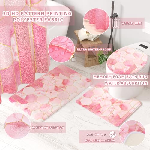 XLHOMO Bathroom Set - 26PC Bathroom Set with Shower Curtain and Rugs, Bathroom Accessory Set, Pink Bathroom Accessories Set, Trash Can & Soap Dispenser - style: Pink&Gold