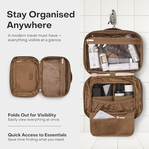 July Hanging Toiletry Bag with Hidden Hook, Clear & Leak-Resistant PVC Pocket, Toothbrush Tab, Water-Resistant Nylon and Leather Trims - Travel Essentials Bag, Bathroom Travel Organizer - Light Brown - color: Light Brown