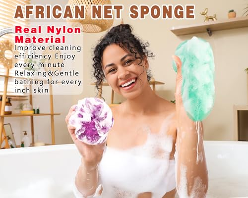 2 Pack African Net Sponge Exfoliating Body Scrubber Bath Sponge for Daily Use (Light Purple +Seafoam) - color: Light Purple +Seafoam