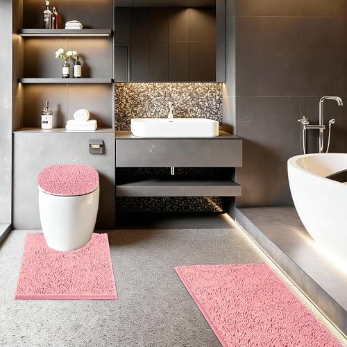Bathroom Rugs Sets 3 Piece with Adjustable Toilet Seat Cover 19.5"x 18.5" Machine Washable Bath Rug Set with TPR Non Slip Rubber Backing Solid Bath Mat Set for Luxury Bathroom Decoration - color: Pink