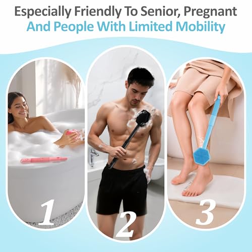 Silicone Back Scrubber & Soft Bath Glove 2PCS, 16''- 21''Extendable Back Scrubber with Dual-Side Large Head, 360° Anti-Slip Hand-fit Silicone Body Scrubber for Rich Foaming Deep Cleaning(Blue) - color: Blue*2