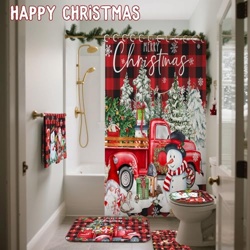 FuWeave 8 Pcs Christmas Shower Curtain Set Xmas Santa Bathroom Decoration Christmas Tree Hand Towels Snowman Toilet Lid Cover Bathroom Rugs Xmas Shower Curtain with Hooks(Buffalo Plaid) - color: Buffalo Plaid