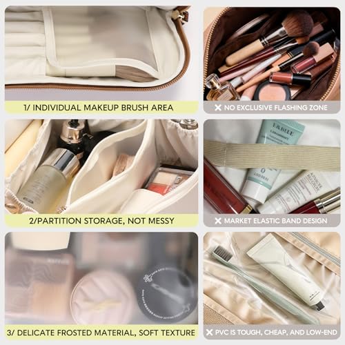 GIVLEFLY Makeup Bag for Women, Large Cosmetic Bag, Travel Toiletry Bag, Waterproof Nylon Organizer with Microfiber Leather, Flat Open for Skincare & Brushes