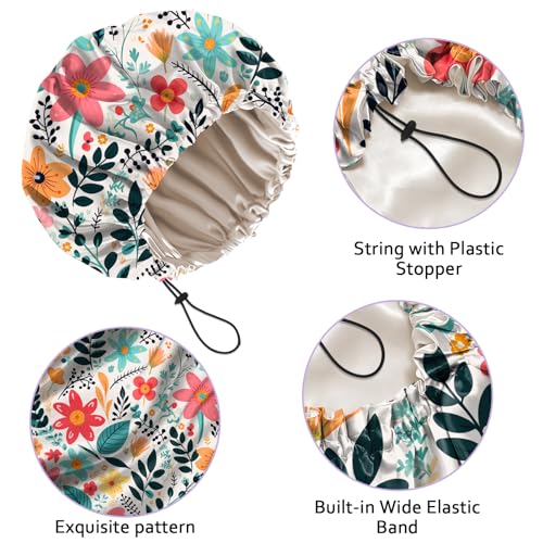 Luxury Shower Cap Silk Satin Lined Waterproof Reusable Adjustable Elastic Dry Hair Bathing Caps Cute for Women Girls-Red Flower - color: C-2-Red Flower