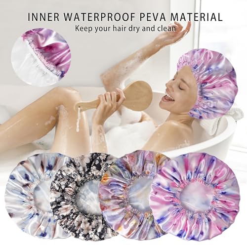 4 PCS Shower Caps for Women, 3D Printing Bath Caps, Double Layers Shower Cap Reusable Waterproof, Bathing Shower Caps, Environmental Protection Hair Bath Hat - Flower C - color: 3D Flower C 4 PCS/Set