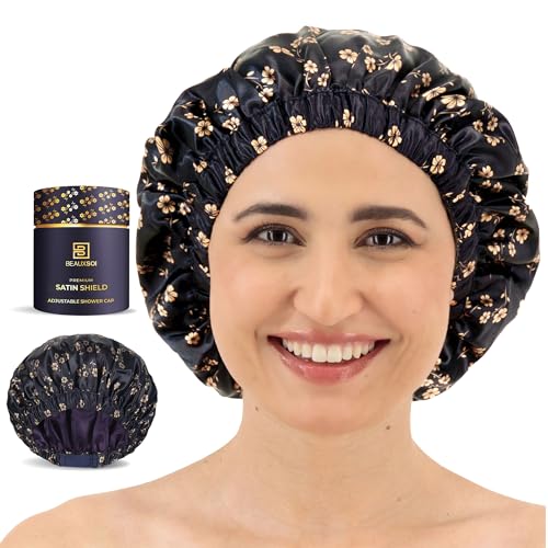 Luxury Reusable Shower Cap for Women - Satin Lined, Adjustable & Waterproof - Keeps Hair Dry- Durable Hair Bonnet by BEAUXSOI (Fleur de Nuit) - Floral design - color: Fleur de Nuit