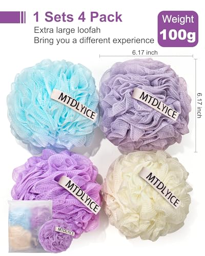MTDLYICE Loofah Sponge, XXL Large Loofah 100g 4 Pack, Bath Sponge Soft Mesh Shower Loofah for Men, Body Scrub, Shower Pouf Bath Accessories, for Body Wash, Soap (Lavender) - style: Lavender