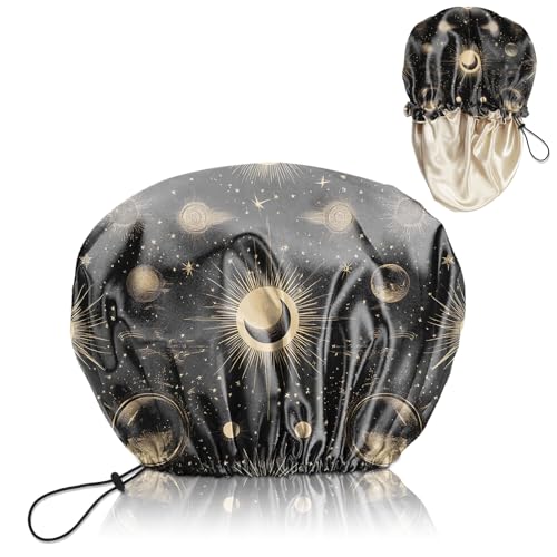 Luxury Shower Cap Satin Lined Reusable Waterproof Double Layer Elastic Adjustable Hair Bath Cap Cute Aesthetic Women Girls-Moon - color: F7-Moon