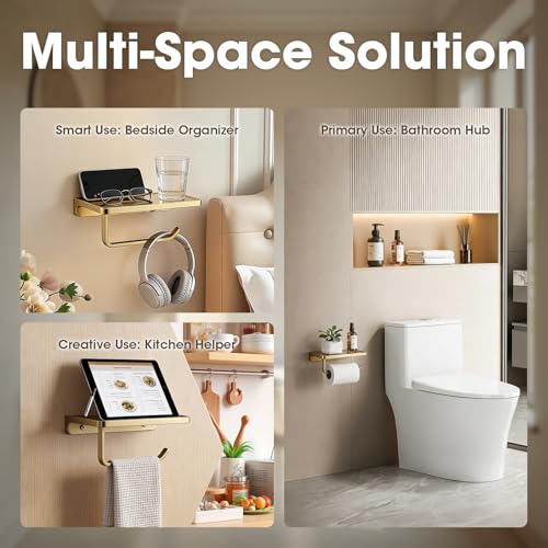 TRUSTMI Toilet Paper Holder with Shelf & Phone Stand | Brushed Gold Bathroom Storage, Solid Zinc Alloy, Wall Mounted | Holds 15lbs, Fits Jumbo Rolls - color: Brushed Gold, size: 7.1" x 4.3"