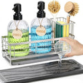 Shinowa Kitchen Dish Soap Dispenser Set, 14OZ Glass Bottle with Rustproof 304 Stainless Steel Sponge Holder and Instant Dry Tray, Hand and Dish Soap Dispenser Set for Kitchen Sink Organizer, Silver - color: Silver + Dark Grey + Transparent