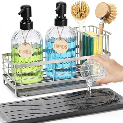 Shinowa Kitchen Dish Soap Dispenser Set, 14OZ Glass Bottle with Rustproof 304 Stainless Steel Sponge Holder and Instant Dry Tray, Hand and Dish Soap Dispenser Set for Kitchen Sink Organizer, Silver - color: Silver + Dark Grey + Transparent