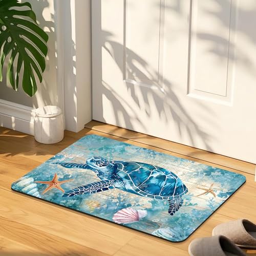 Quick Dry Bath Mat for Bathroom,Super Absorbent Turtle Bath Rug Non-Slip Rubber Backing,Machine Washable Bathroom Floor Mat for Shower, Tub, Sink Area Beach Seashell Ocean Blue 16x24 - color: Blue3, size: 1'4" x 2' (Rectangular)