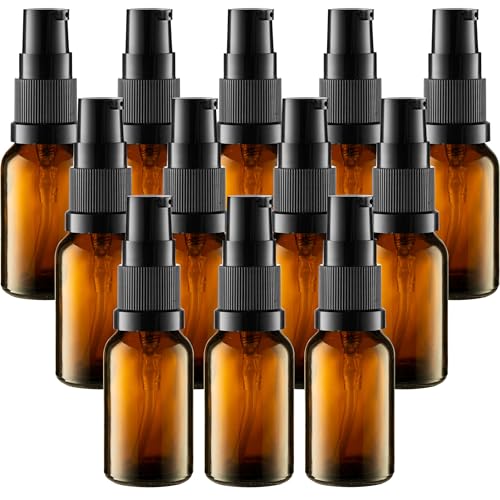 VitalUp 12 Pack Empty Refillable Glass Amber Pump Bottle Ideal for Lotion Cream Essential Oil Travel Small Container, 15ml - size: 12 Pack (15ml)