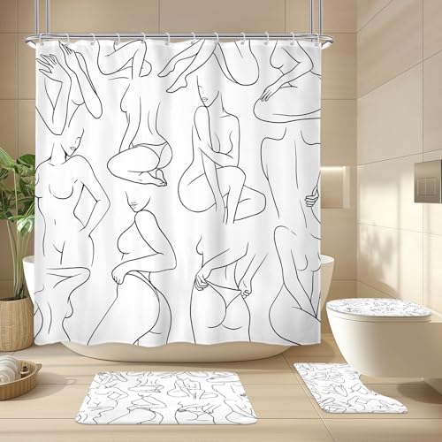 SVBright 4PCs Abstract Black White Bathroom Sets Women Line Shower Curtain Set 72Wx72H Modern Bathroom Rug Quick Dry Bath Rug Mat Toilet Mat U-Shape Cover Nonslip Washroom Decor Shower Accessories - color: A-03white（4pcs）, size: 72"W x 72"L (Pack of 4)
