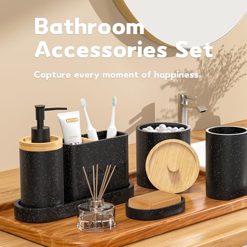 Bathroom Accessories Set Black, 6Pcs Bathroom Accessory Set, Large-Sized Toothbrush Holders Set Black, Soap Dispenser, Vanity Tray, Bathroom Tumbler, Apothecary Jars and a Soap Dish - color: Black