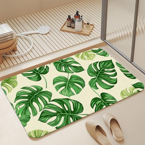 Tropical Palm Leaves Bathroom Rugs, Non Slip Quick Dry Summer Green Leaf Bath Mats for Bathroom, Super Absorbent Diatomaceous Bathmat for Home Kitchen Thin Floor Doormat 17 X 29.5 Inch - color: Tropical Palm Leaves