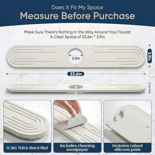 Stone Faucet Mat for Kitchen Sink, Diatomite Fast Drying Stone Tray, Quick Dry Water Absorb Faucet Mat, Sink Splash Guard for Kitchen Bathroom Counter(White, 23.6"X3.9")