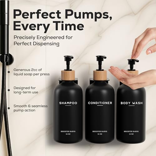Black Shampoo and Conditioner Dispenser Set Wall Mounted by Brighter Barns - Shampoo Dispenser for Shower Wall 3 Chamber No Drill - Shower Bottles Refillable with Labels for Bathroom, Airbnb (Black) - color: Boho (Black)