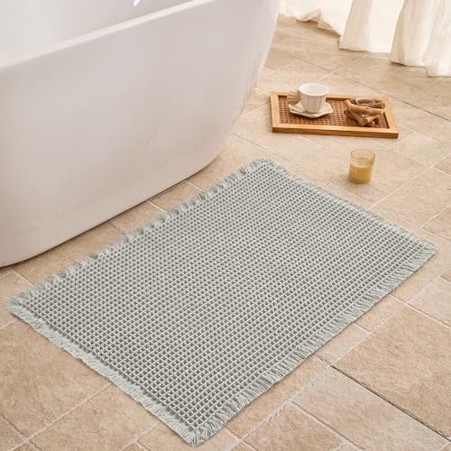 Waffle Bath Mat Non Slip, Boho Bathroom Rug, Super Absorbent Quick Dry Bathroom Mat, Soft Farmhouse Bath Rug with Tassels, Small Washable Shower Mats for Floor 20"x32", Light Grey - color: Light Grey, size: 1'8" x 2'8" (Rectangular)