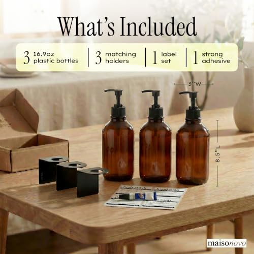 Shampoo and Conditioner Dispenser Wall Mounted Set of 3 Amber Black - No Drill Shower Soap Dispenser for Bathroom Refillable - Spa Hotel Style Accessories by MaisoNovo - color: Amber Classic Set of 3