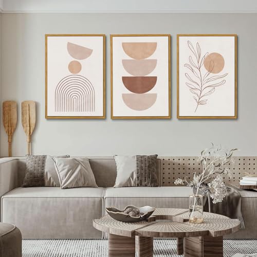Bwodke Framed Boho Canvas Wall Art Large Mid Century Modern Prints Set of 3 Neutral Geometric Line Leaf Paintings Decor Minimalist Abstract Pictures Bedroom Living Room Bathroom - color: Boho Beige, size: 16"x24"Natural
