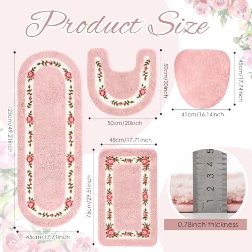 Drydiet 4 Pcs Bathroom Rugs Sets with Toilet Lid Cover Rose Flowers Bathroom Rugs Set Coquette Room Decor Floral Bath Mat U Shaped Toilet Rug Non Slip Absorbent Floral Bath Carpet