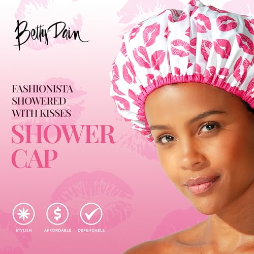 Reusable Shower & Bath Cap & Lined, Oversized Waterproof Shower Caps Large Designed for all Hair Lengths with PEVA Lining & Elastic Band Stretch Hem Hair Hat - Fashionista Showered With Kisses - color: Showered With Kisses