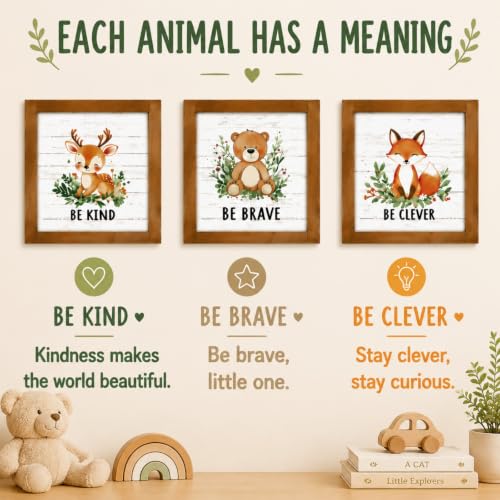 pechpell Set of 3 Woodland Forest Animal Themed Nursery Wall Shelf Decor | Wooden Cute Bear Fox Deer Sign, Creatures Pictures Decorations for Baby Shower Table, Baby Room, Above Crib, Kids Bedroom - color: white-baby