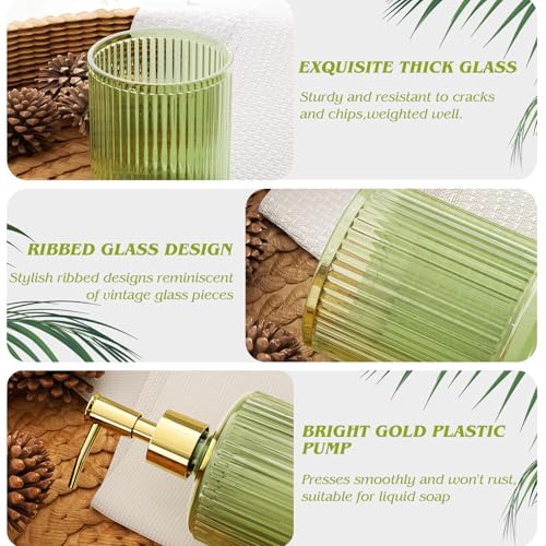 BSSN 5-Piece Green Glass Bathroom Accessories Set - Vintage Ribbed Thick Glass - Includes Soap Dispenser, Toothbrush Holder, Tumbler, 2 Q-tip Jars - Retro Bathroom Counter Organizer & Decor - color: Green, size: 5 Pieces