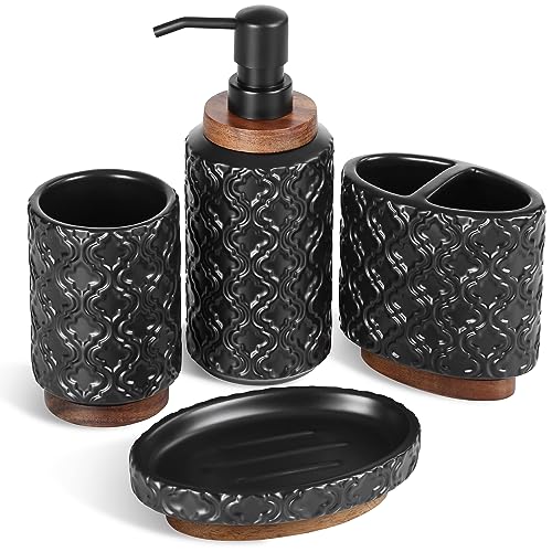 RQYIXI Elegant 4 PCS Ceramic&Wood Bathroom Accessories Set:Soap Dispenser,Toothbrush Holder,Tumbler,Soap Dish,Easy to Clean,Quatrefoil Pattern,Black-Affordable Luxury for Home Decor Enthusiasts - color: Black