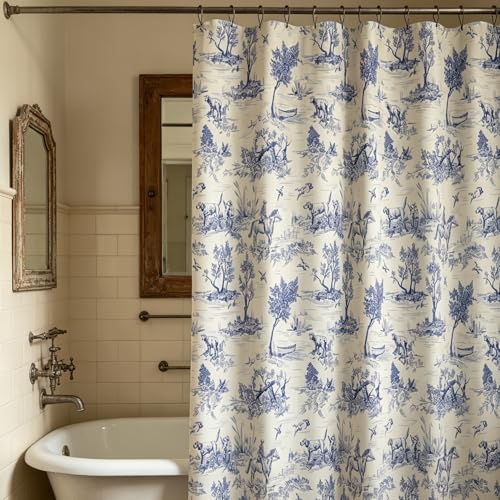 MUGINYU French Toile de Jouy Shower Curtain Linen 72x72 - Blue Countryside Landscape with Sheep, Dogs, Trees, Farmhouse Bath Decor - color: Toile De Jouy Dog
