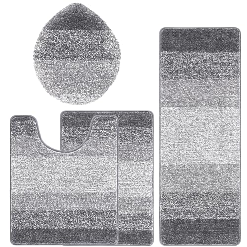 Bsmathom Bathroom Rugs Sets 4 Piece, Soft Absorbent Microfiber Bath Rugs with U-Shaped Contour Toilet Rug and Toilet Lid Cover, Thick Non-Slip Plush Shaggy Bath Mat Set,Grey - color: Grey, size: 18"x26"+18"x48"+U20"x24"+Cover19"x21"