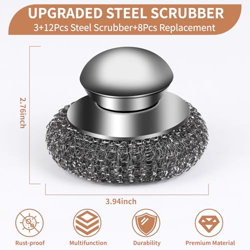 15Pcs Steel Wool Scrubber with Replacement Wire Sponge Pads Set, Stainless Steel Scrubber with Handle for Scouring Messes from Cast Iron, Frying pan, Pots, Pans, Grill, Stoves, Sink - size: 3 Handle+12 Pads