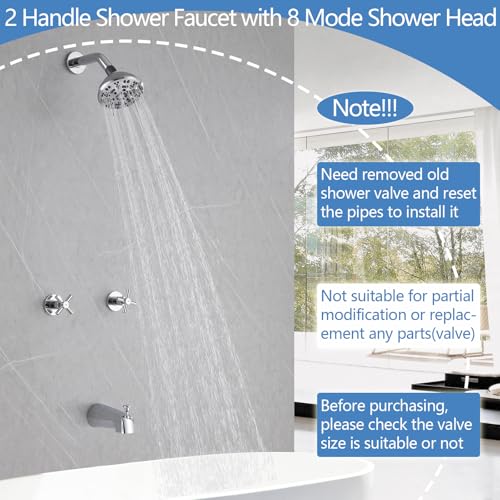 2 Handles Shower Faucet Set with Tub Spout Bathtub Shower Faucet Combo Set Shower System Complete Tub and Shower Trim Kit Wall Mounted Shower Fixtures Chrome - color: Chrome, style: 2 Handles