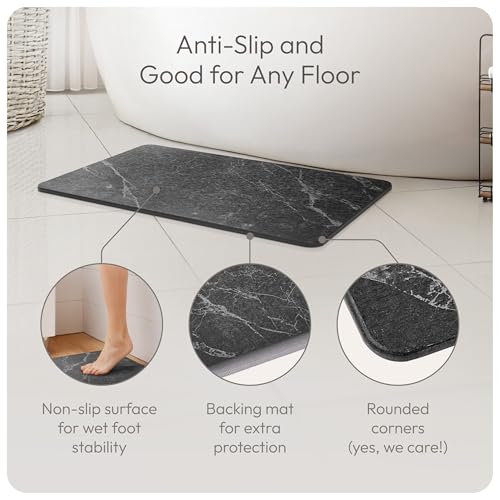 Stone Bath Mats for Bathroom - Diatomaceous Earth Bath Mat, Quick-Dry Bath Stone Mat & Large/Small Stone Shower Mat, Anti-Slip 100% Natural Stone Bathmat, 2 Stone Mats (Black Marble) - color: Black Marble