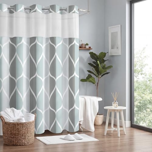 Yiatn No Hook Grey Extra Long Shower Curtain with Snap in Fabric Liner Set - Hotel Style with See Through Mesh Top Window, Modern Geometric Waterdrop Design,Waterproof and Washable, 71x86 INCH - color: A. Grey, size: 71"W x 86"L (Pack of 1)