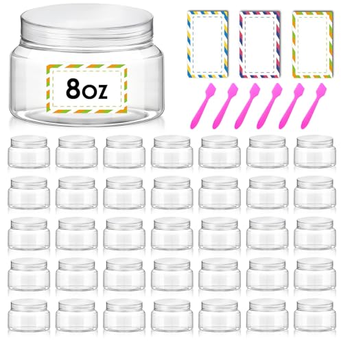 36 Pack 8 oz Plastic Cosmetic Containers With Lids Refillable Clear Empty Travle Jars Containers for Body Butter,Sugar Scrubs,Cream,Lotions,Candy, Waterproof Label&Spatulas - (Clear Lid) - color: Clear-Clear Lid, size: 8 OZ