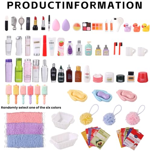 DIYDEC 75Pcs Dollhouse Mini Jewelry Storage Case Miniature Bathroom Accessories Figurines with Makeup Set Towel Cosmetic Toothbrush Shampoo Perfume Hair Dryer Comb Purse Doll Backpack Micro Scene - color: Dollhouse Makeup Set
