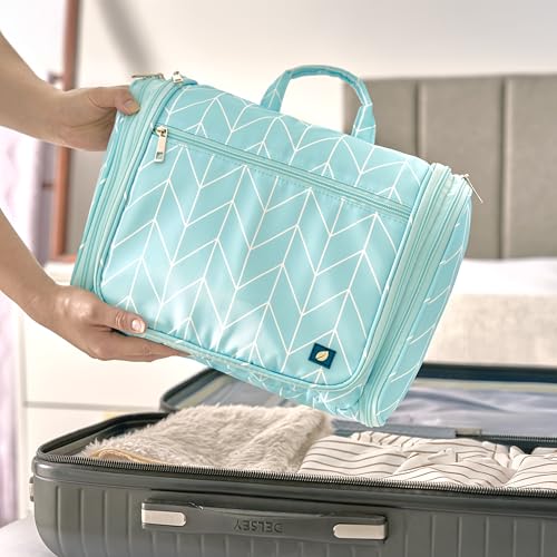 PAVILIA Large Hanging Makeup Bag and Toiletry Organizer for Women, Travel Cosmetic Case with 10 Compartments, Swivel Hook and 3 Leakproof Pockets, Packs Flat, Teal Chevron - color: Teal Chevron