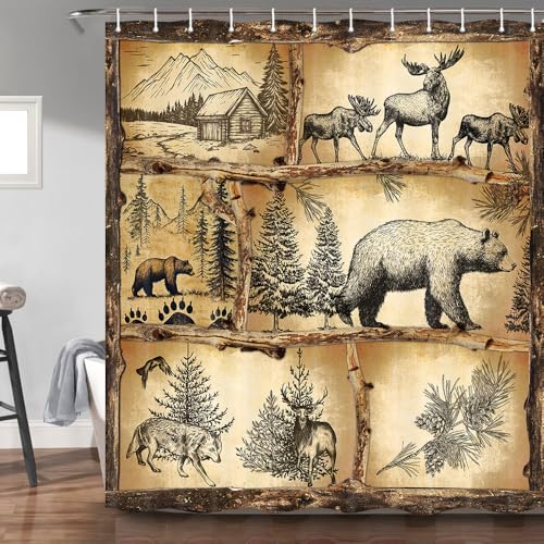 Rustic Cabin Shower Curtain for Bathroom, Wildlife Country Lodge Decor Bath Curtains, Animal Hunting Camping Fabric Waterproof Shower Curtain Set with Hooks, 60X70in - color: Animal, size: 60"W x 70"L (Pack of 1)