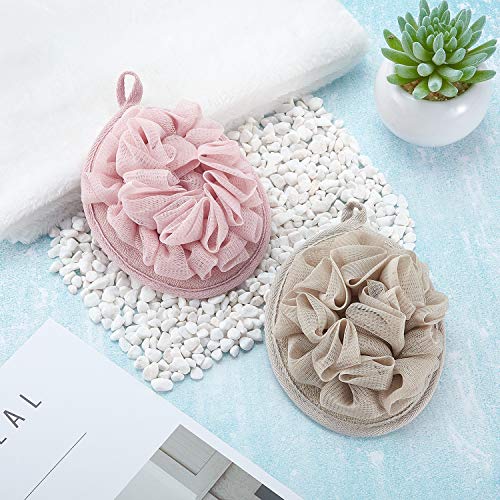 Boao 6 Pcs Bath Shower Pouf Sponge Mesh Pouf Shower Ball Exfoliating Body Sponge Pad Scrubber Glove with Flower Bath Ball (Khaki,Coffee,Pink) - style: Khaki,Coffee,Pink