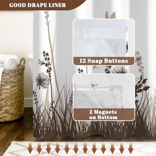 No Hook Shower Curtain with Snap in Liner Set, Neutral Meadow & Wildflower with Butterflies Print Shower Curtains for Modern Farmhouse Bathroom, Floral Bath Curtain with Mesh Top, 71x74 Inch - color: Brown Botanical