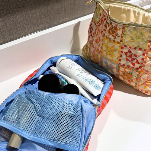 ban.do Quilted Toiletry Bag with Bow Handle, Stripes | Pink and Red Cosmetic Bag for Traveling, Spacious Organizer for Makeup with Interior Pockets and Zippers Closure