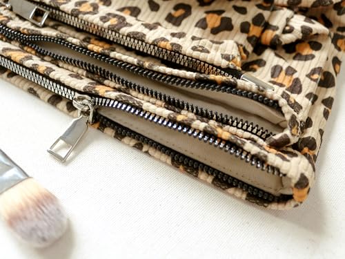 HAPPYHEIDI Leopard Corduroy Makeup Bag Cosmetic Toiletry Travel Pouch Car Organizer, 3-Size, Vintage Brown Coquette Cheetah - color: GZTH Leopard Corduroy 1 Bag
